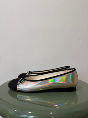 Chanel Silver Irredescent Ballet Flats, 37.5 C
