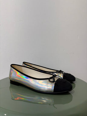 Chanel Silver Irredescent Ballet Flats, 37.5 C