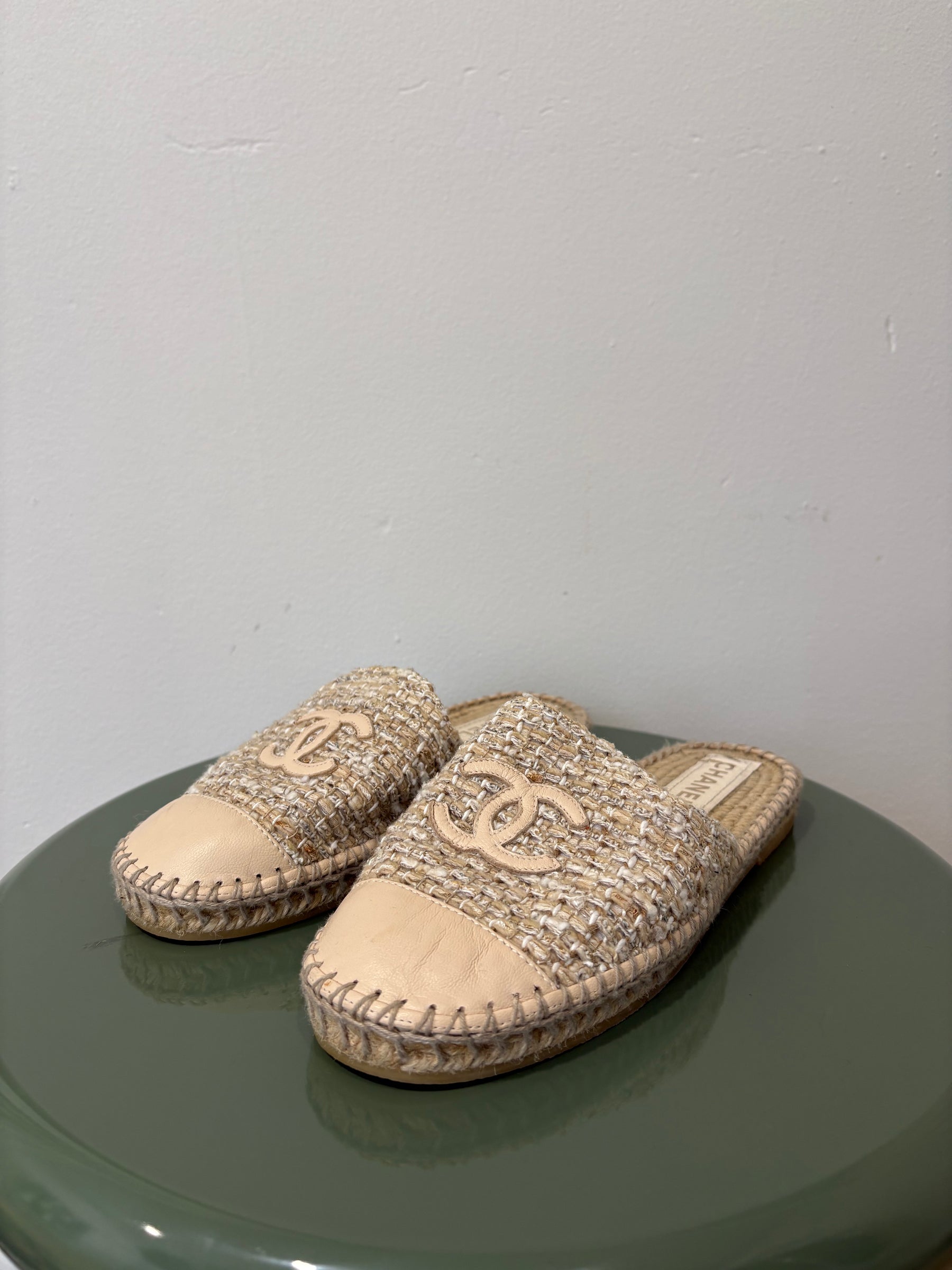 Chanel Beige Tweed Espadrille Slides, 37 C