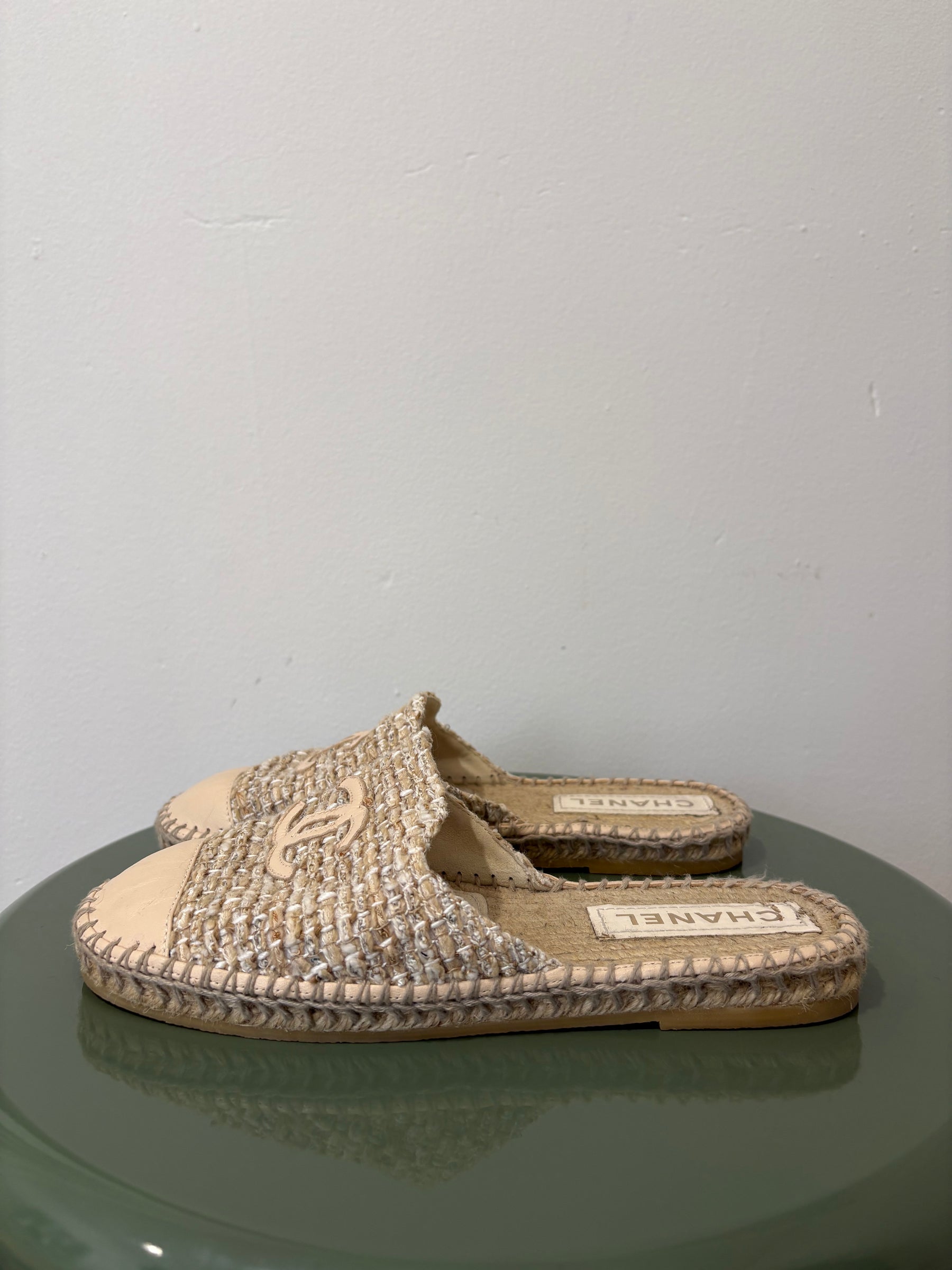 Chanel Beige Tweed Espadrille Slides, 37 C