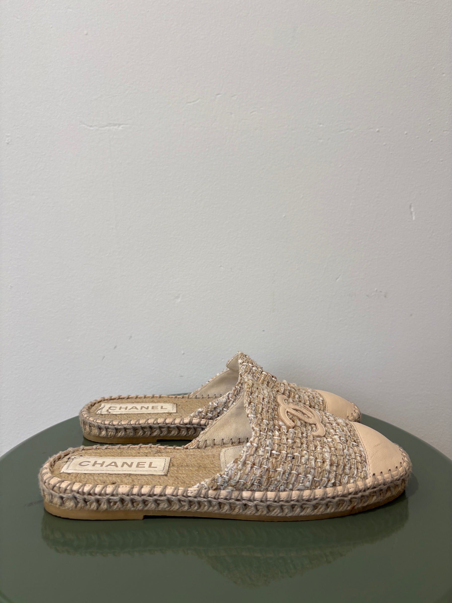 Chanel Beige Tweed Espadrille Slides, 37 C