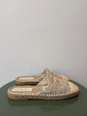 Chanel Beige Tweed Espadrille Slides, 37 C