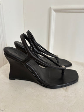 Paris Georgia Black Leather Thong Wedge, 42