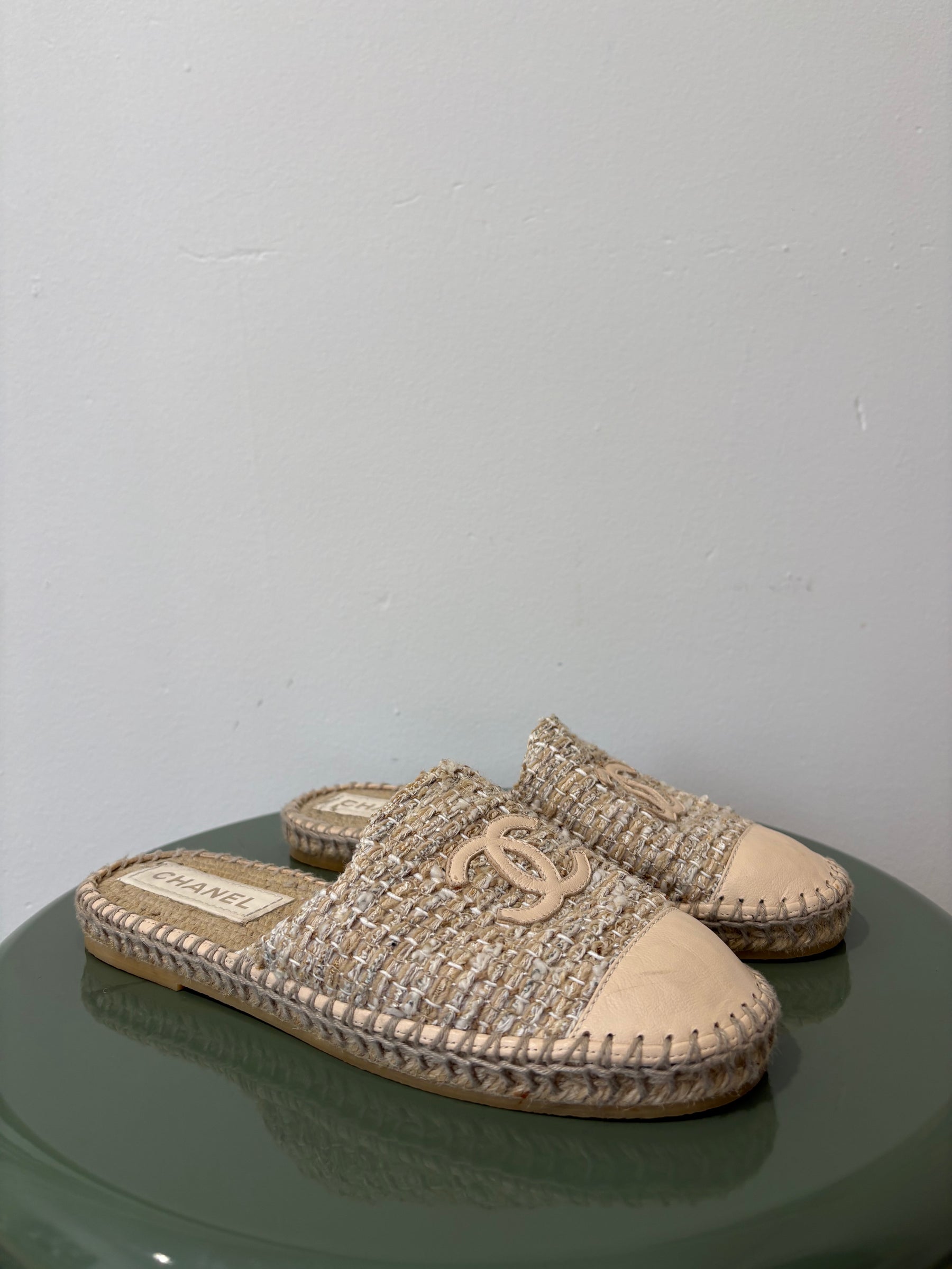 Chanel Beige Tweed Espadrille Slides, 37 C