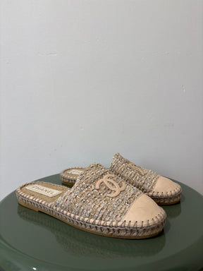 Chanel Beige Tweed Espadrille Slides, 37 C