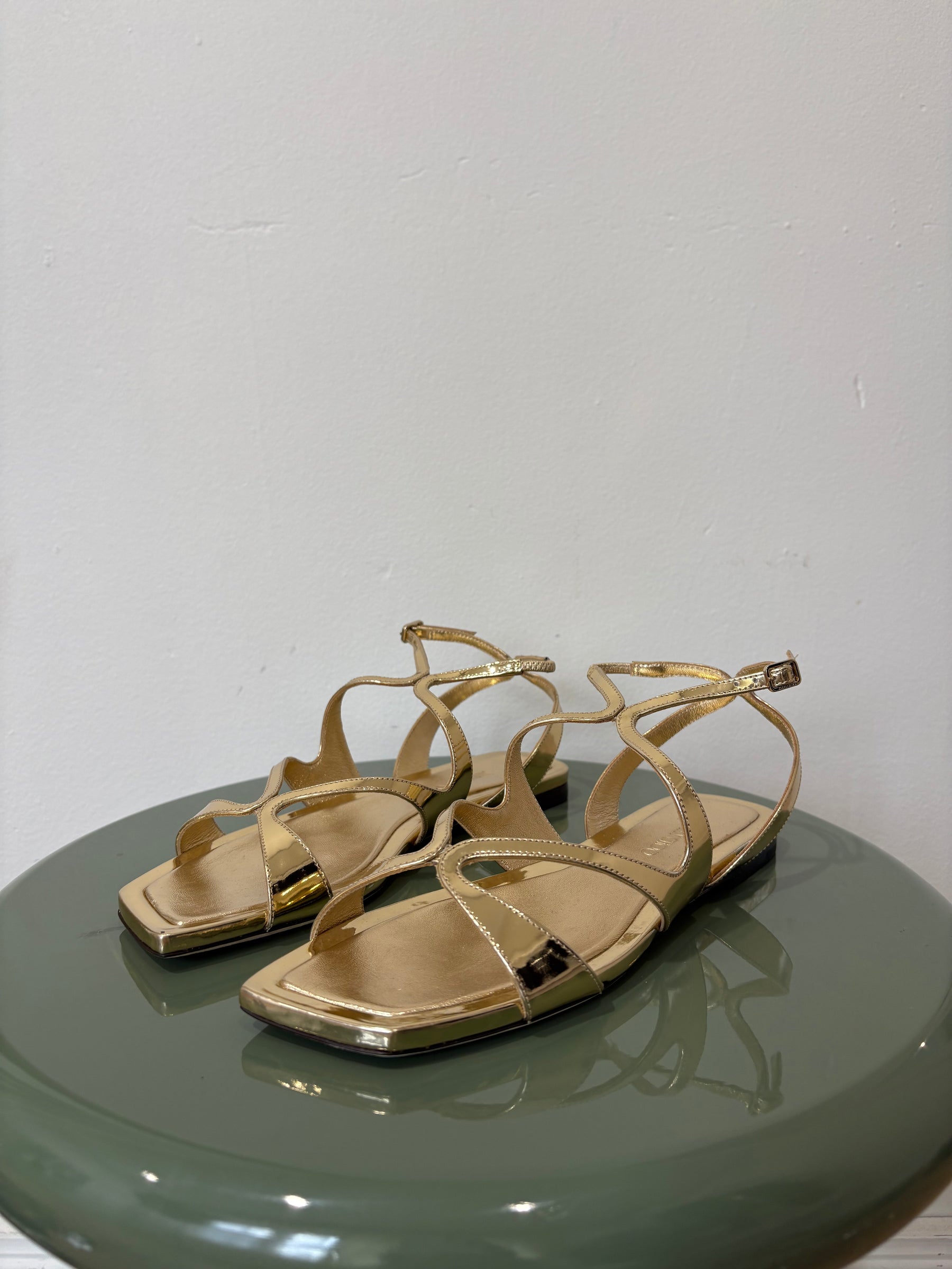 Jimmy Choo Gold Patent Leather Ayla Strappy Sandals, 37.5