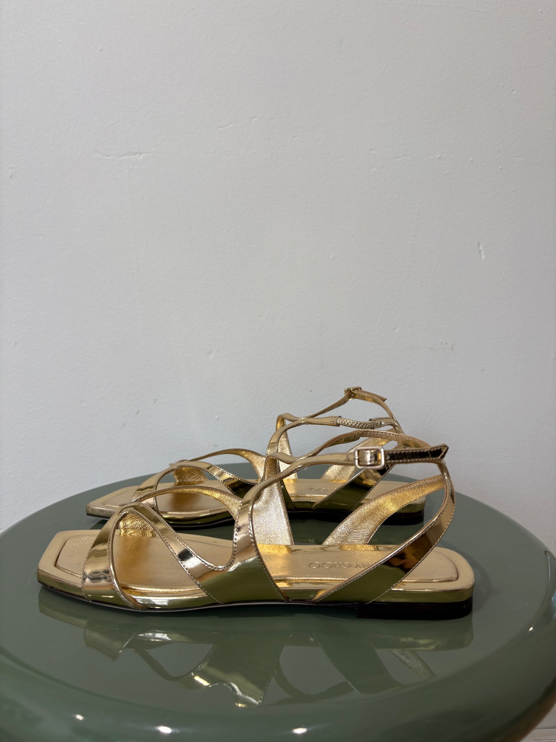 Jimmy Choo Gold Patent Leather Ayla Strappy Sandals, 37.5