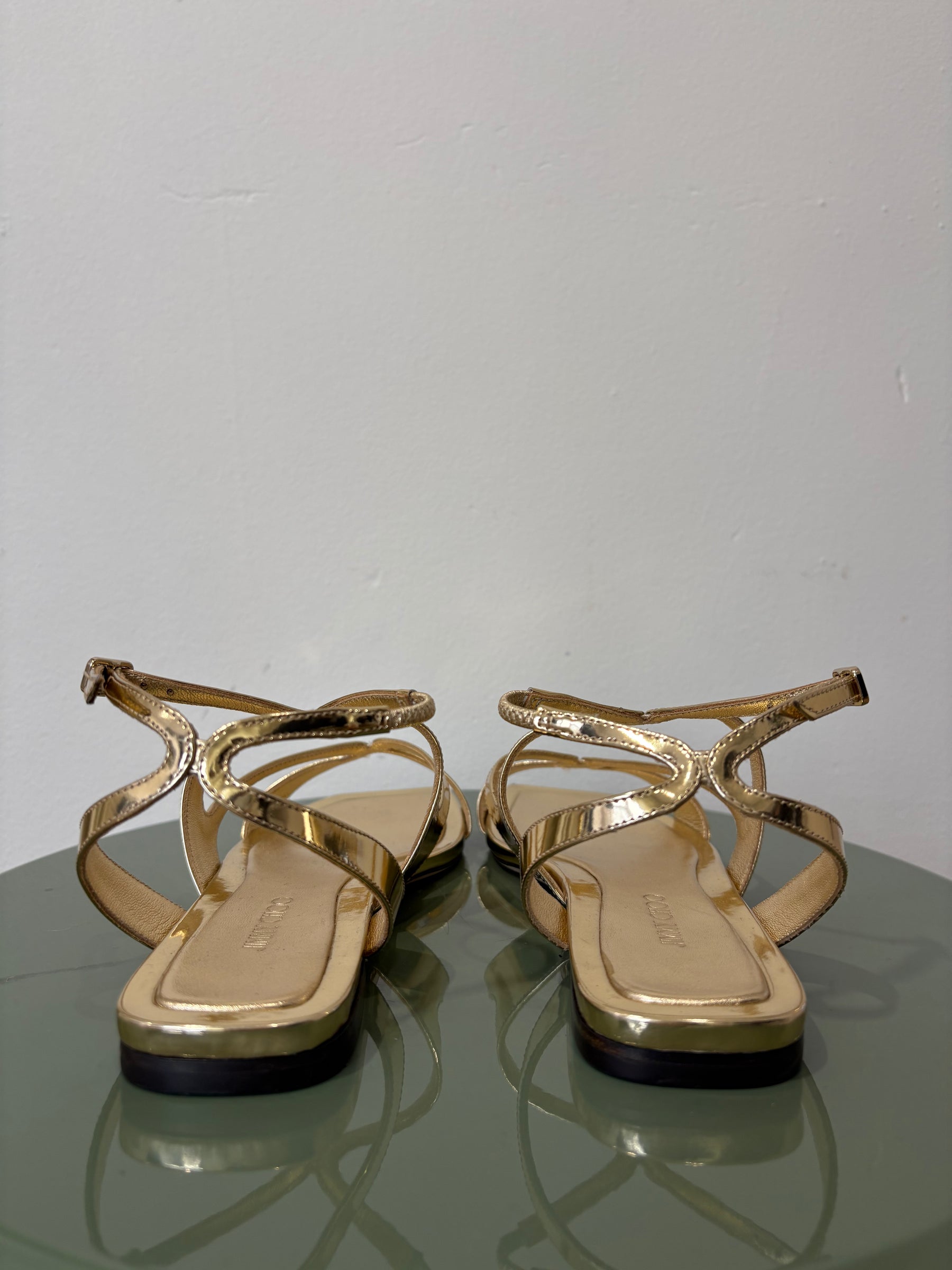 Jimmy Choo Gold Patent Leather Ayla Strappy Sandals, 37.5