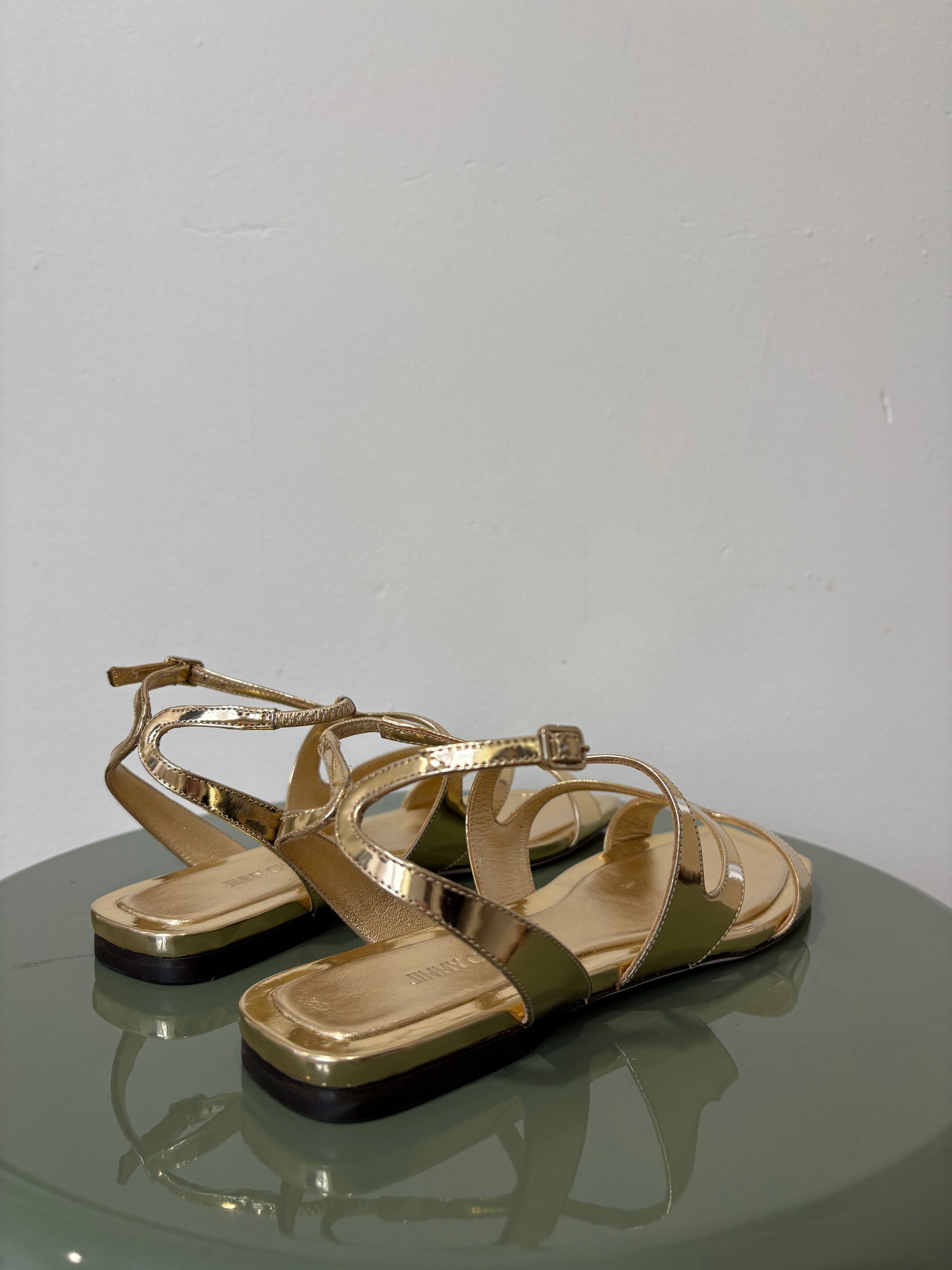 Jimmy Choo Gold Patent Leather Ayla Strappy Sandals, 37.5