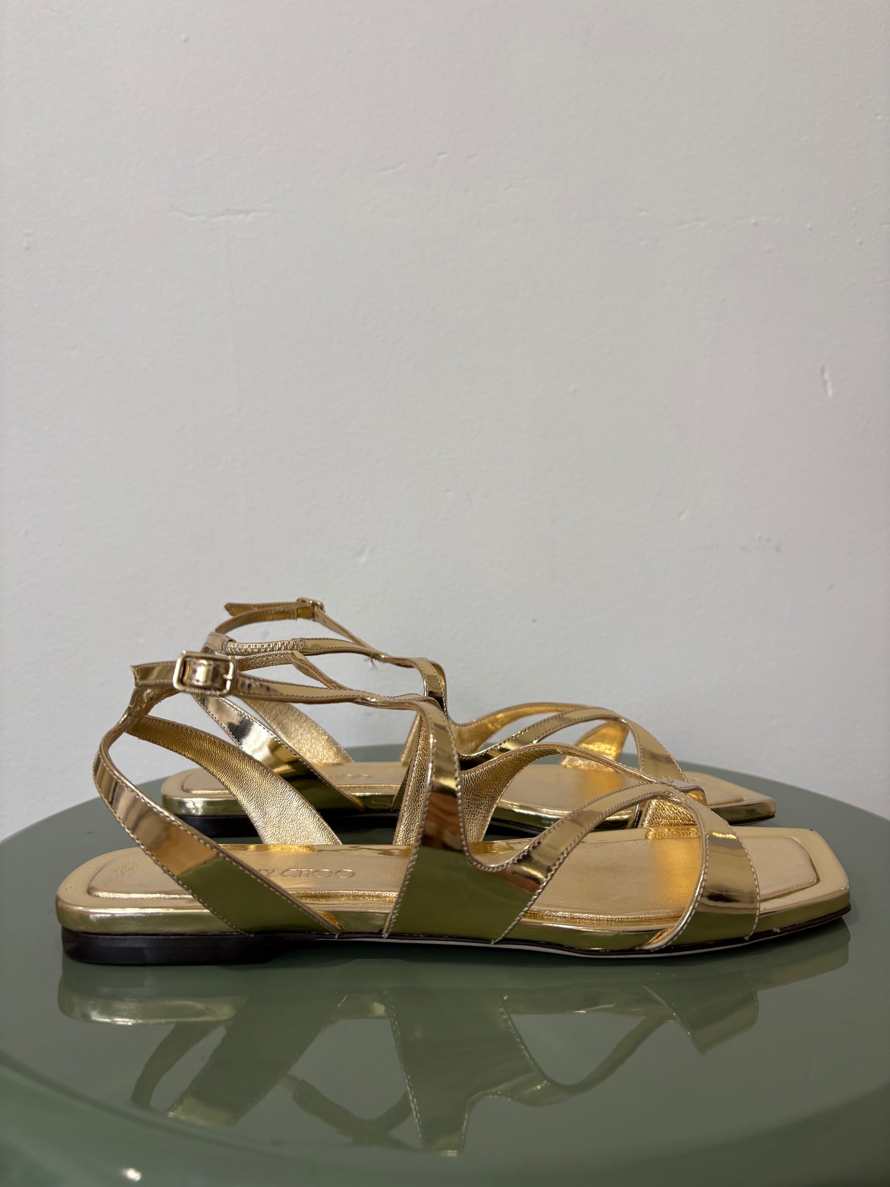 Jimmy Choo Gold Patent Leather Ayla Strappy Sandals, 37.5
