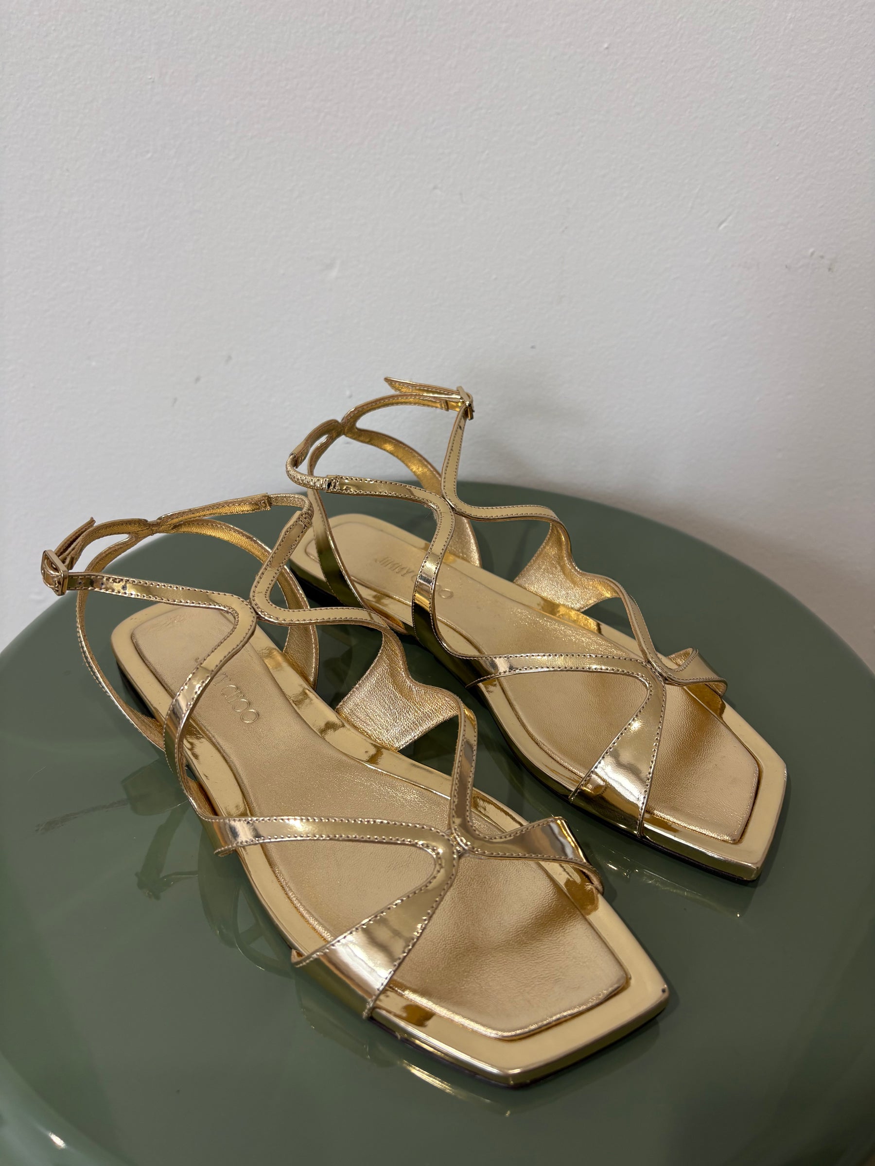 Jimmy Choo Gold Patent Leather Ayla Strappy Sandals, 37.5