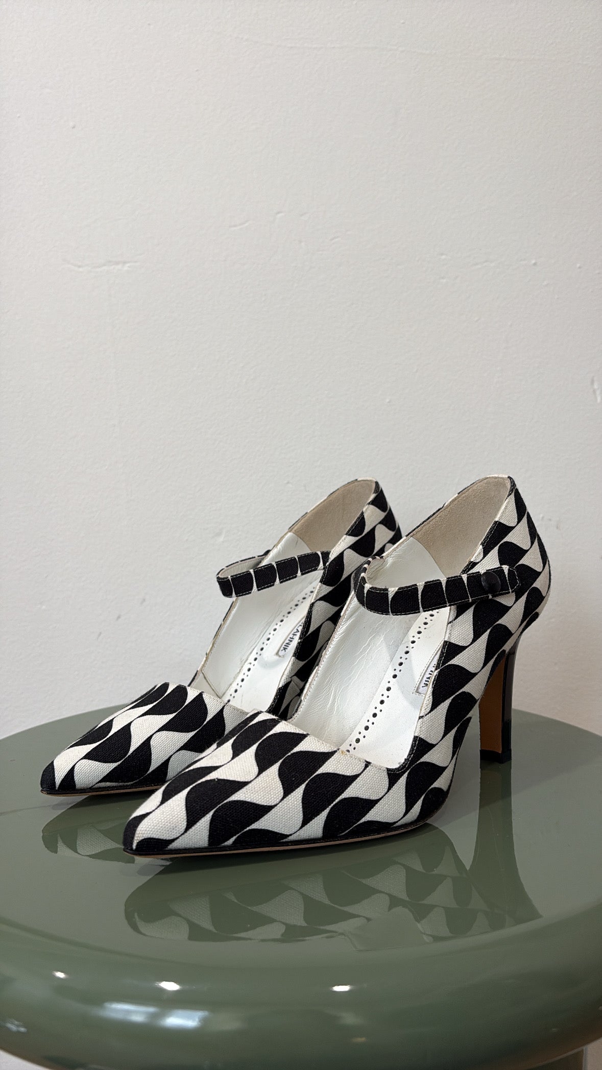 Manolo Blahnik Black and White Canvas Heeled Mary Janes, 38