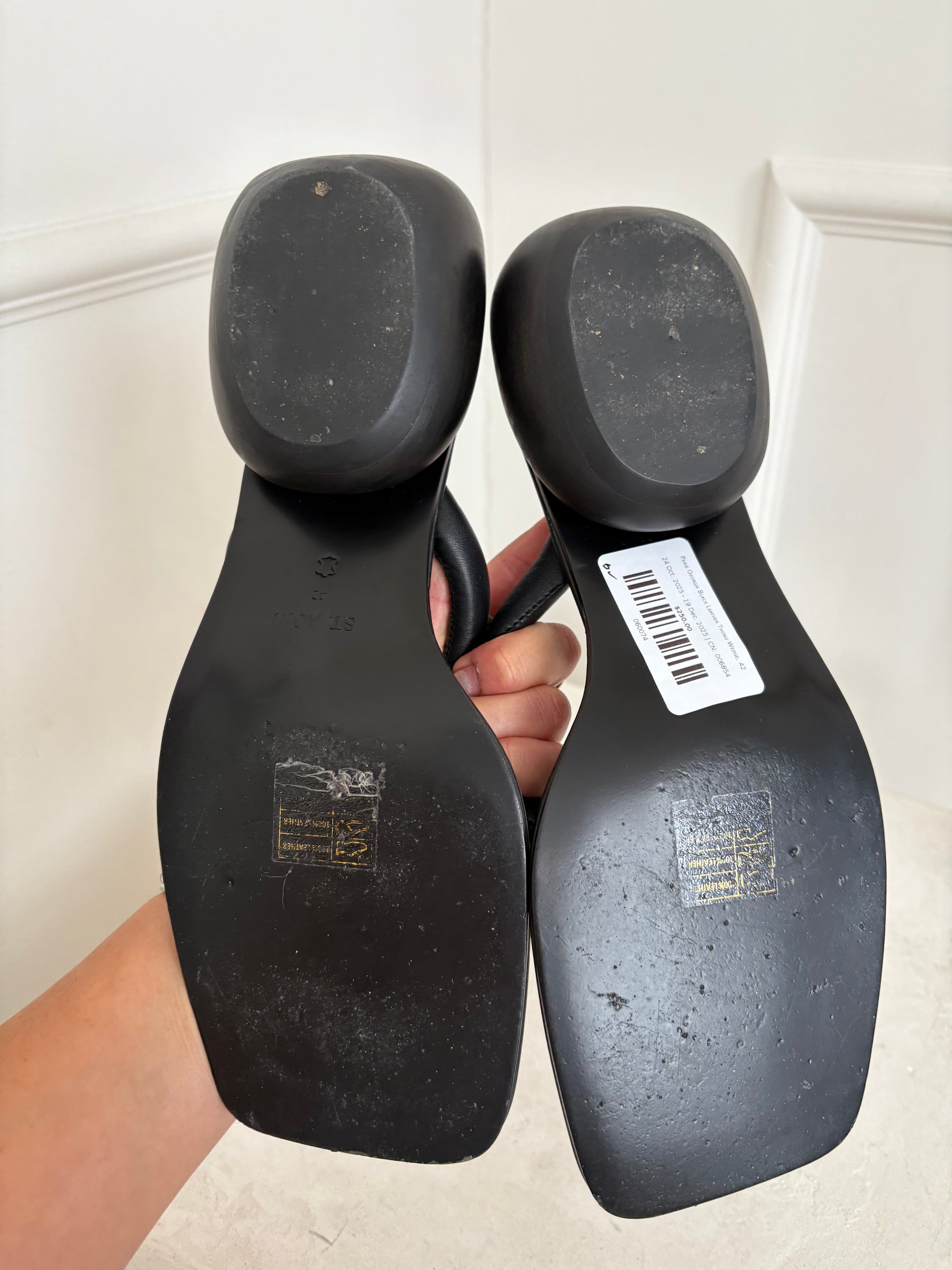 St. Agni Black Leather Dome Heeled Thong, 42