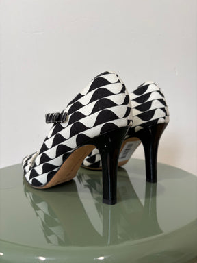 Manolo Blahnik Black and White Canvas Heeled Mary Janes, 38