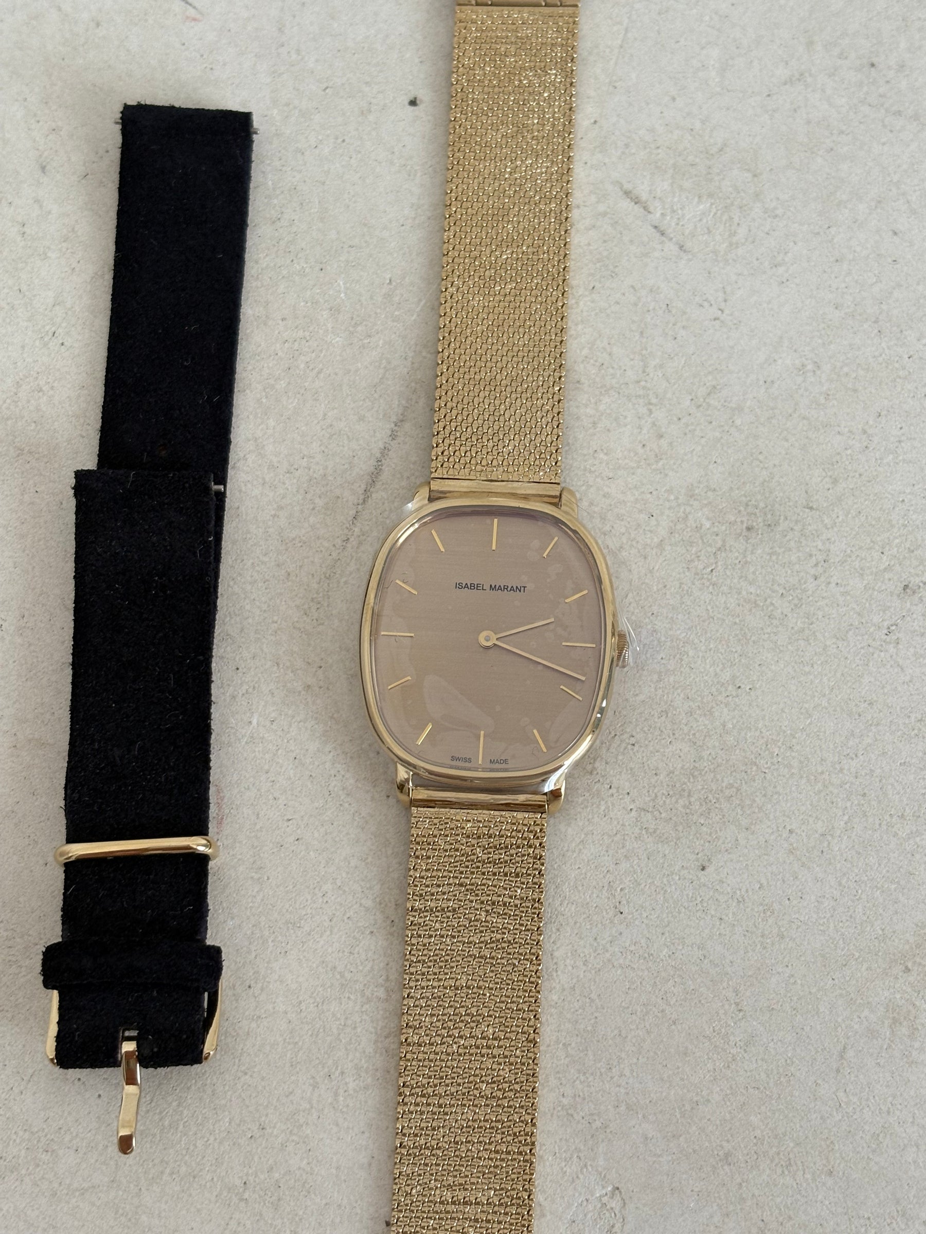 Isabel Marant Gold Tone Oval Watch with Blue Suede Interchangeable Strap