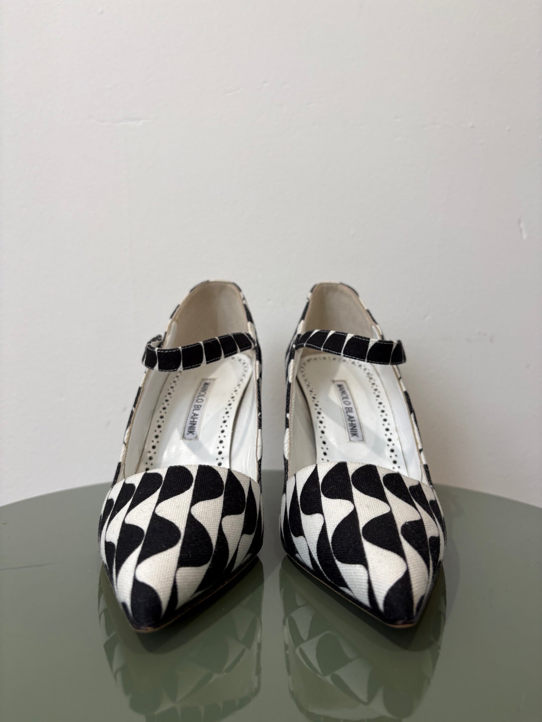 Manolo Blahnik Black and White Canvas Heeled Mary Janes, 38