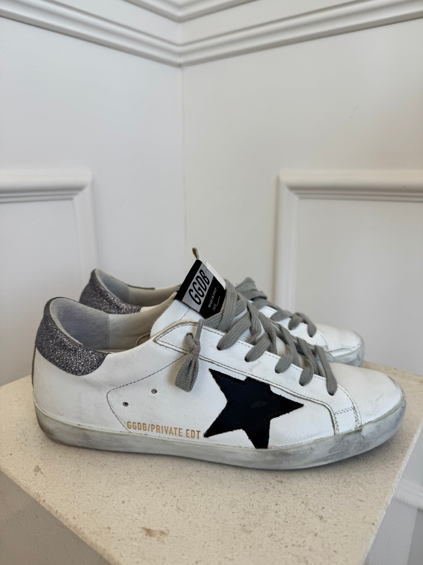 Golden Goose White Glitter and Black Leather Superstar, 38