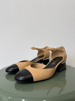Chanel Beige and Black Leather Pearl Heel Detail Sandal, 38.5 C