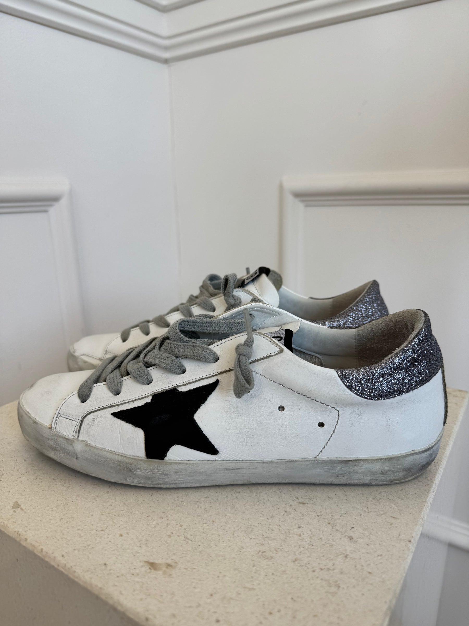Golden Goose White Glitter and Black Leather Superstar, 38