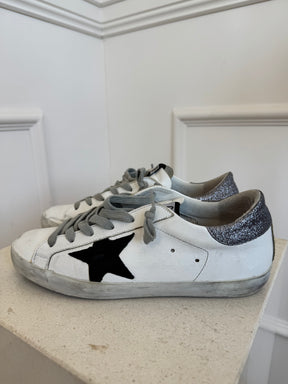 Golden Goose White Glitter and Black Leather Superstar, 38