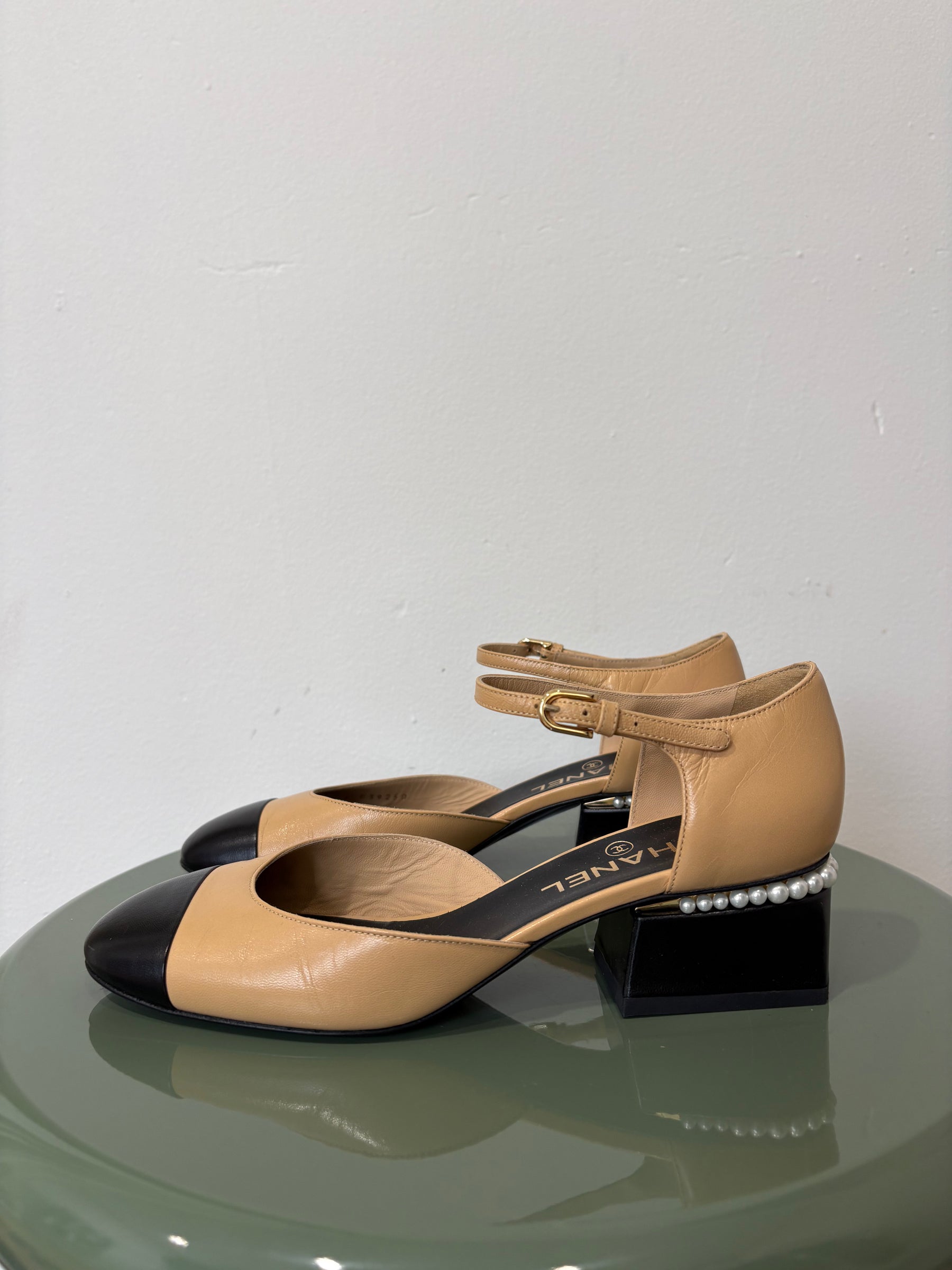 Chanel Beige and Black Leather Pearl Heel Detail Sandal, 38.5 C
