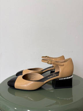 Chanel Beige and Black Leather Pearl Heel Detail Sandal, 38.5 C