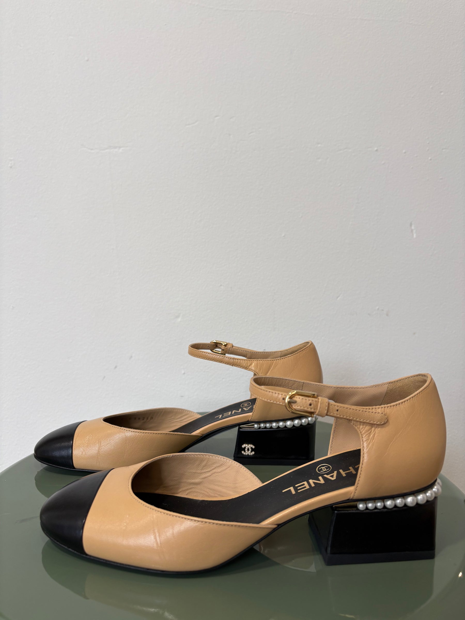 Chanel Beige and Black Leather Pearl Heel Detail Sandal, 38.5 C