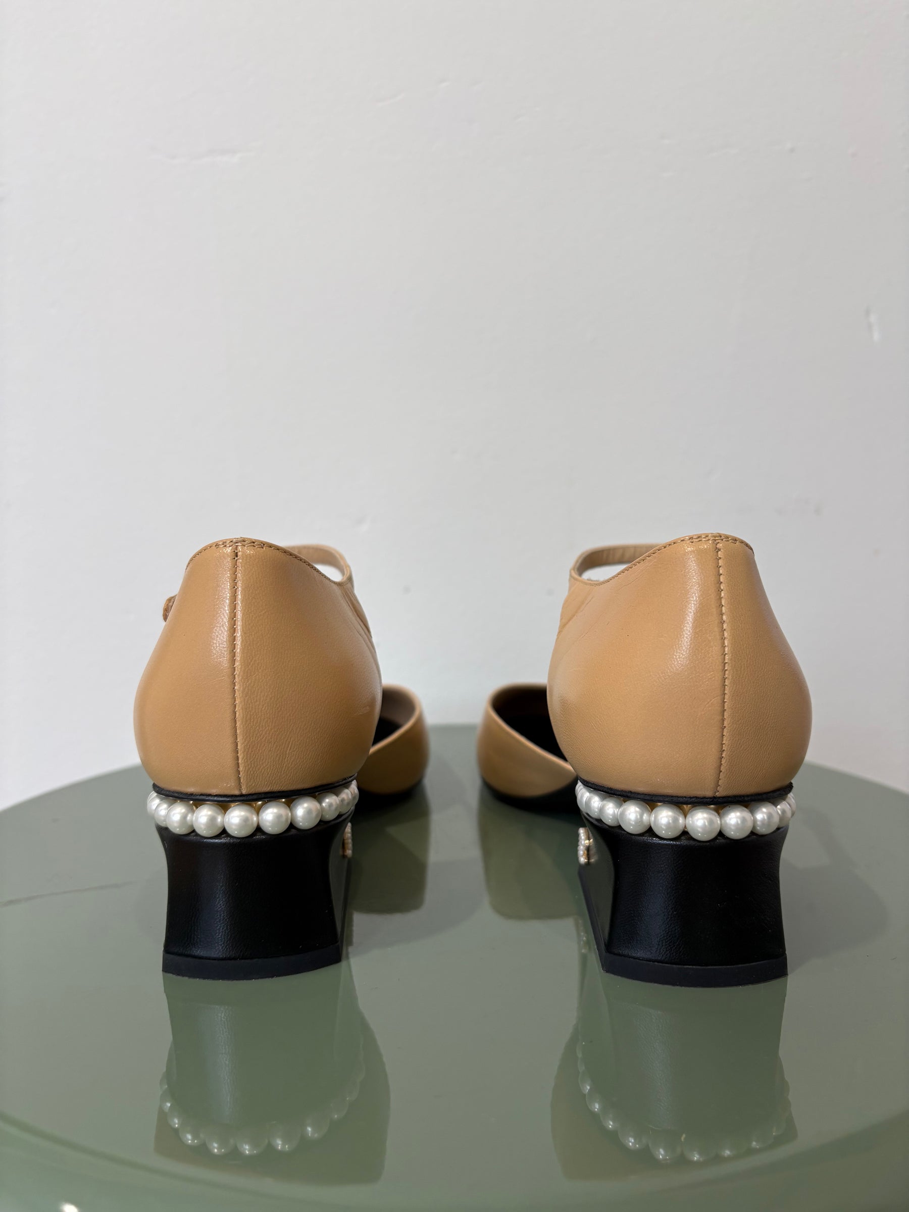 Chanel Beige and Black Leather Pearl Heel Detail Sandal, 38.5 C
