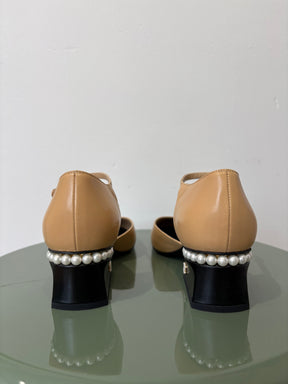 Chanel Beige and Black Leather Pearl Heel Detail Sandal, 38.5 C