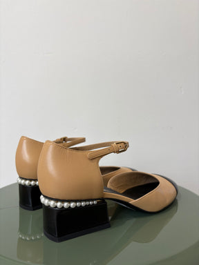Chanel Beige and Black Leather Pearl Heel Detail Sandal, 38.5 C