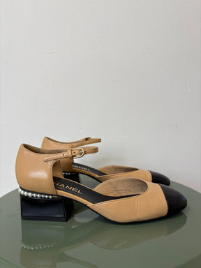 Chanel Beige and Black Leather Pearl Heel Detail Sandal, 38.5 C