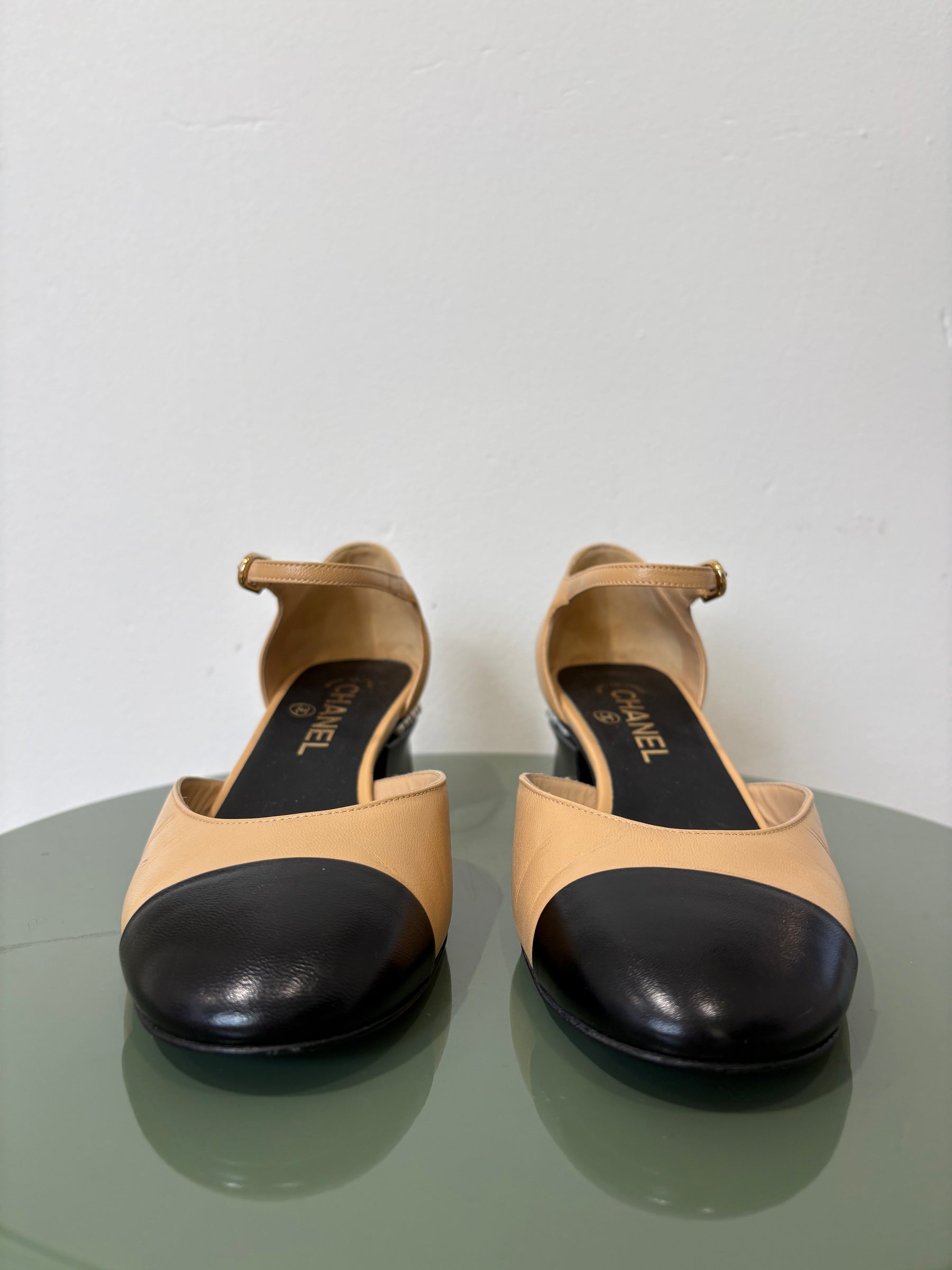 Chanel Beige and Black Leather Pearl Heel Detail Sandal, 38.5 C