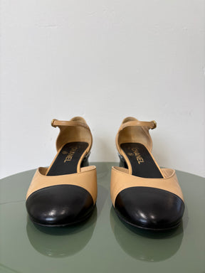 Chanel Beige and Black Leather Pearl Heel Detail Sandal, 38.5 C