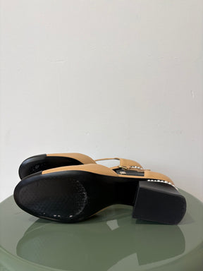 Chanel Beige and Black Leather Pearl Heel Detail Sandal, 38.5 C
