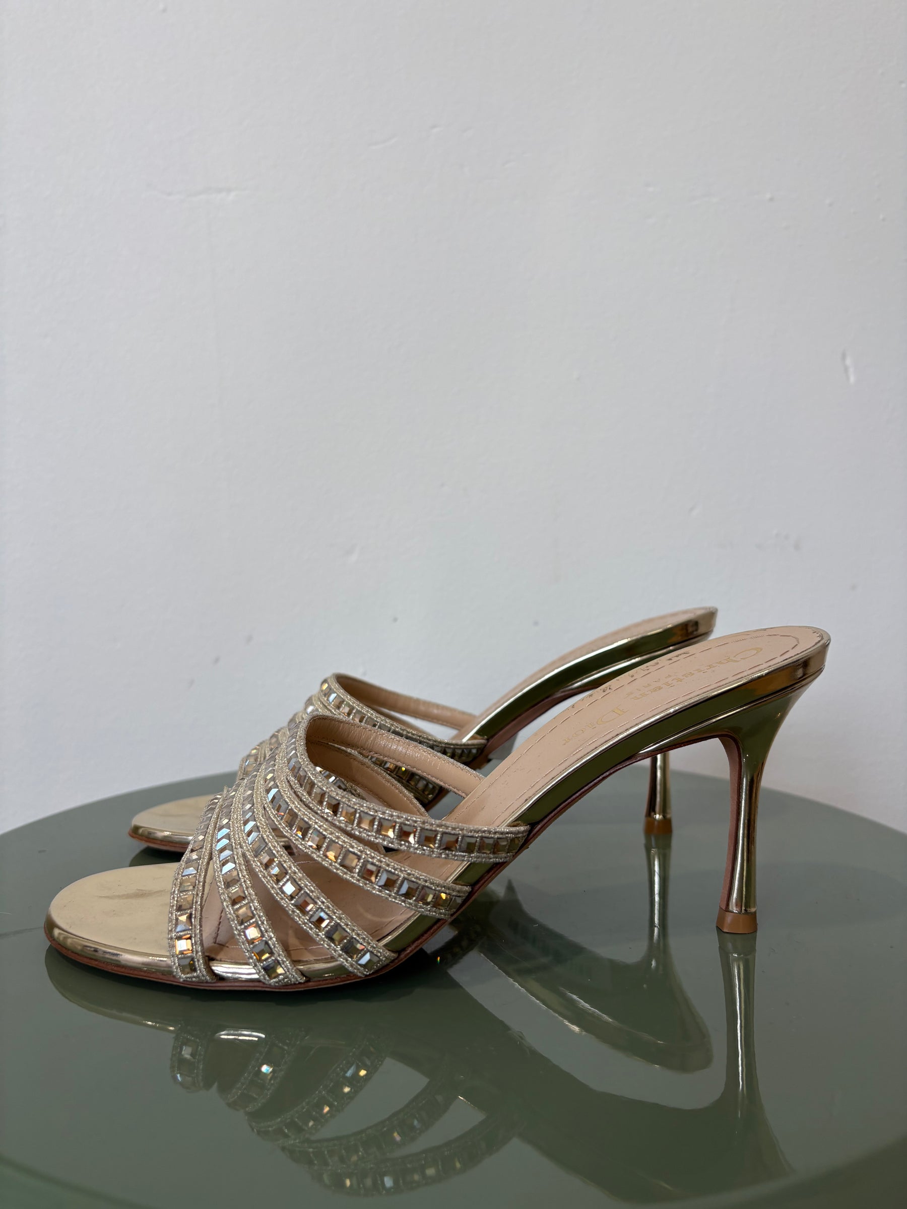 Dior Gold Crystal Strappy Mule, 38