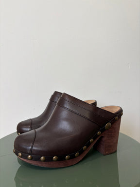 Chanel Wooden Cloggs Brown Leather, 38.5