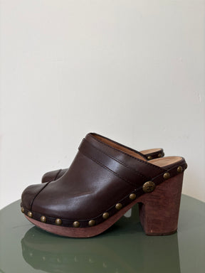 Chanel Wooden Cloggs Brown Leather, 38.5