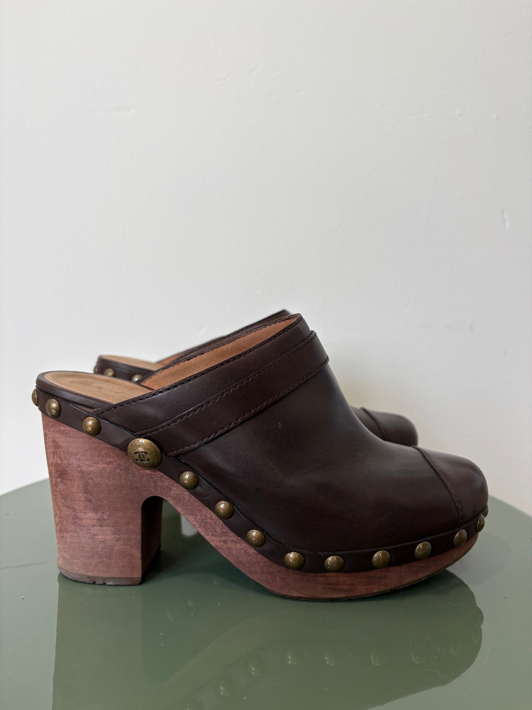 Chanel Wooden Cloggs Brown Leather, 38.5