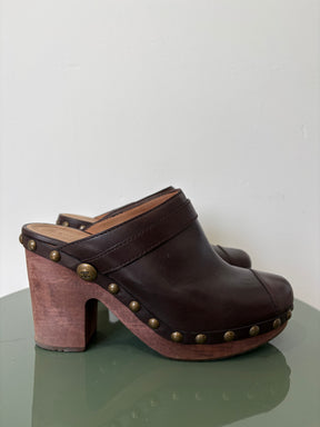 Chanel Wooden Cloggs Brown Leather, 38.5