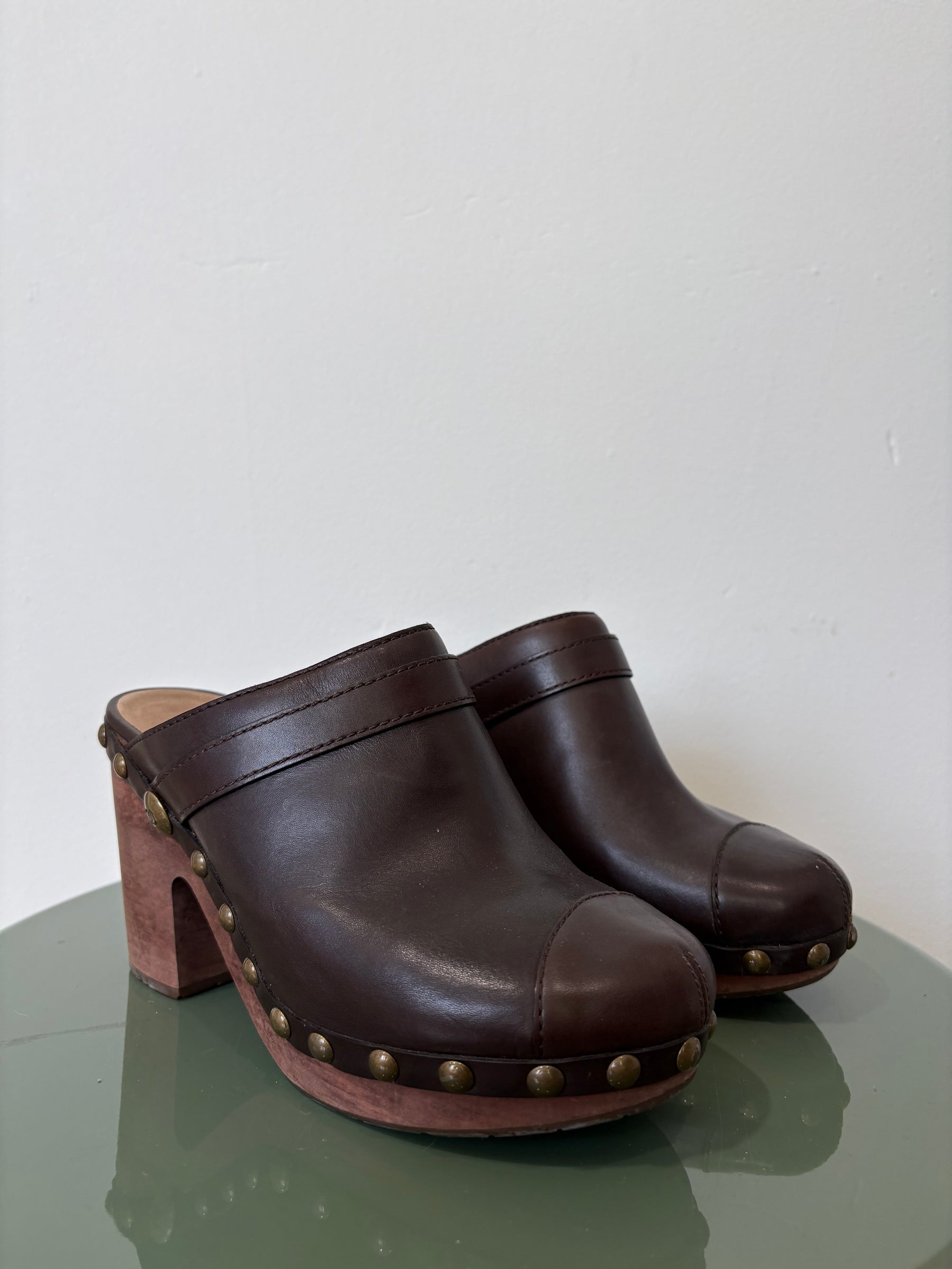 Chanel Wooden Cloggs Brown Leather, 38.5