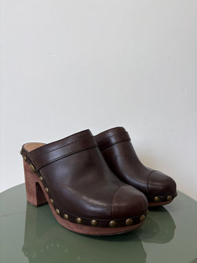 Chanel Wooden Cloggs Brown Leather, 38.5