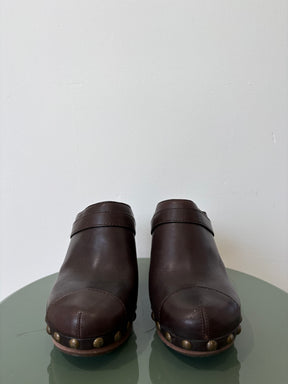 Chanel Wooden Cloggs Brown Leather, 38.5