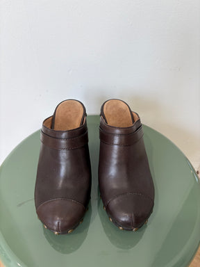 Chanel Wooden Cloggs Brown Leather, 38.5