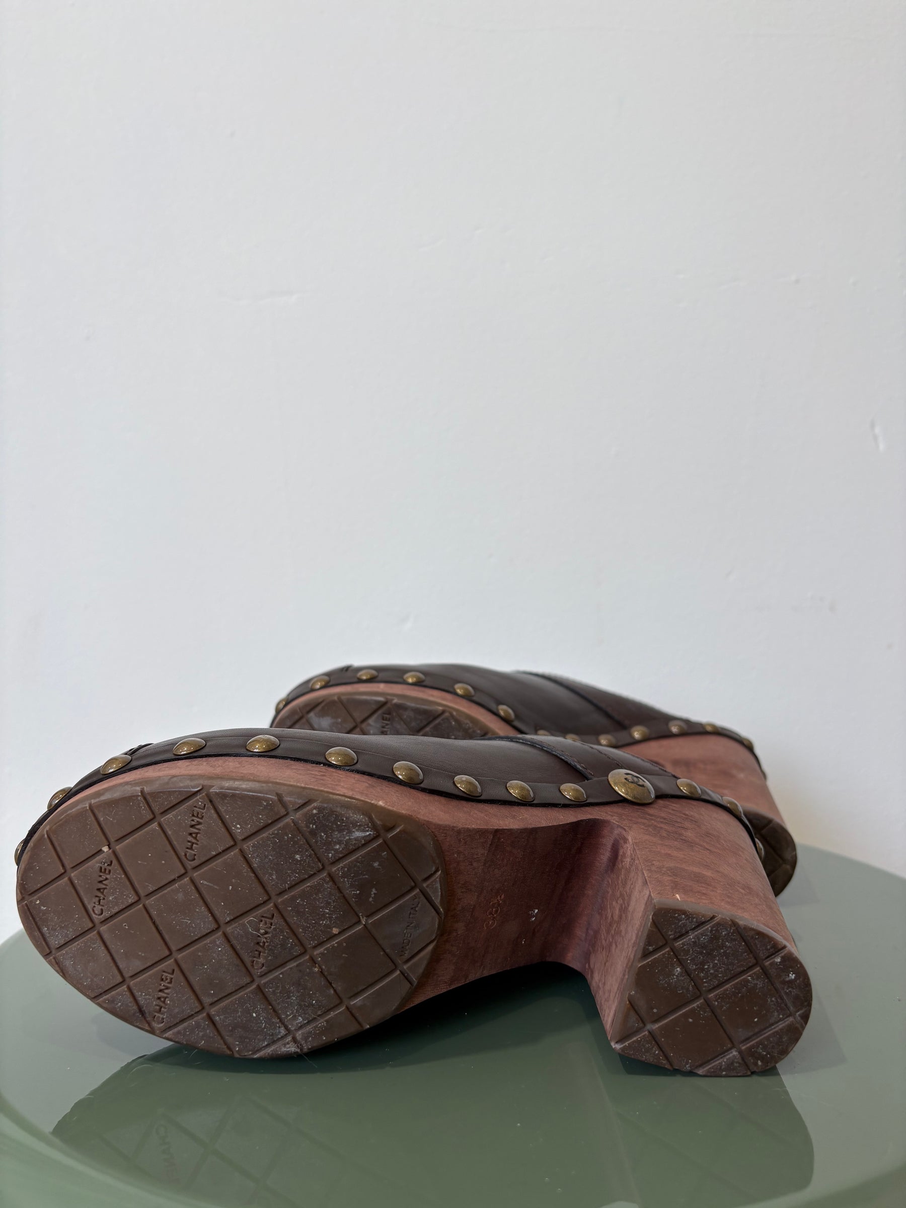 Chanel Wooden Cloggs Brown Leather, 38.5