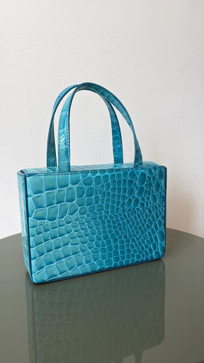 Amina Muaddi Turquoise Patent Croc Embossed Mini Box Tote
