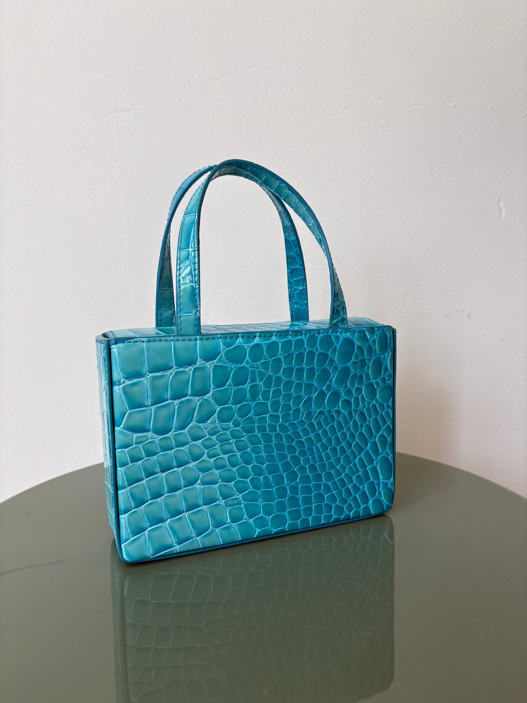 Amina Muaddi Turquoise Patent Croc Embossed Mini Box Tote