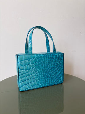 Amina Muaddi Turquoise Patent Croc Embossed Mini Box Tote
