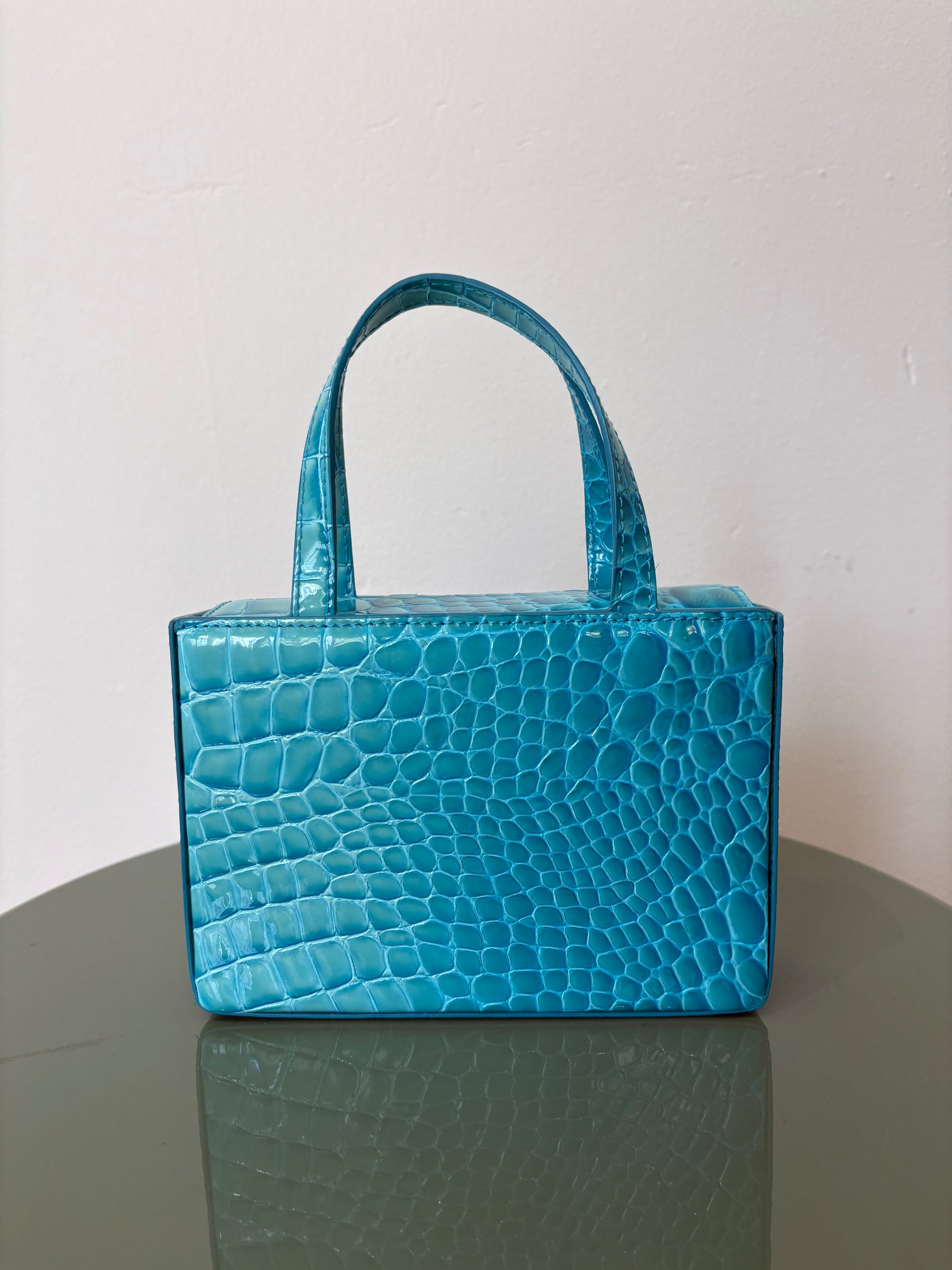 Amina Muaddi Turquoise Patent Croc Embossed Mini Box Tote