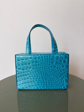 Amina Muaddi Turquoise Patent Croc Embossed Mini Box Tote