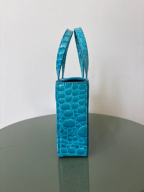 Amina Muaddi Turquoise Patent Croc Embossed Mini Box Tote